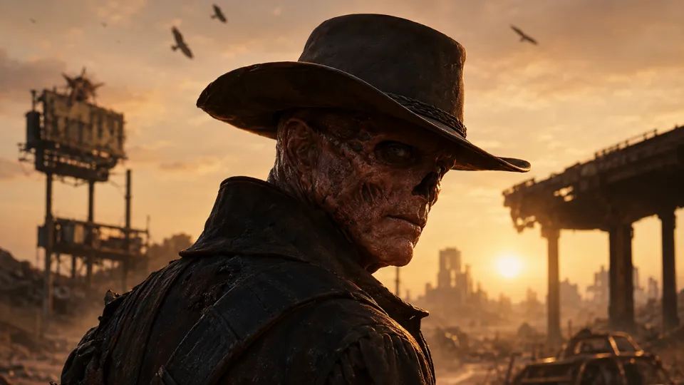 A scarred ghoul wearing a cowboy hat stands in a ruined post-apocalyptic city at sunset, representing Fallout Season 3.