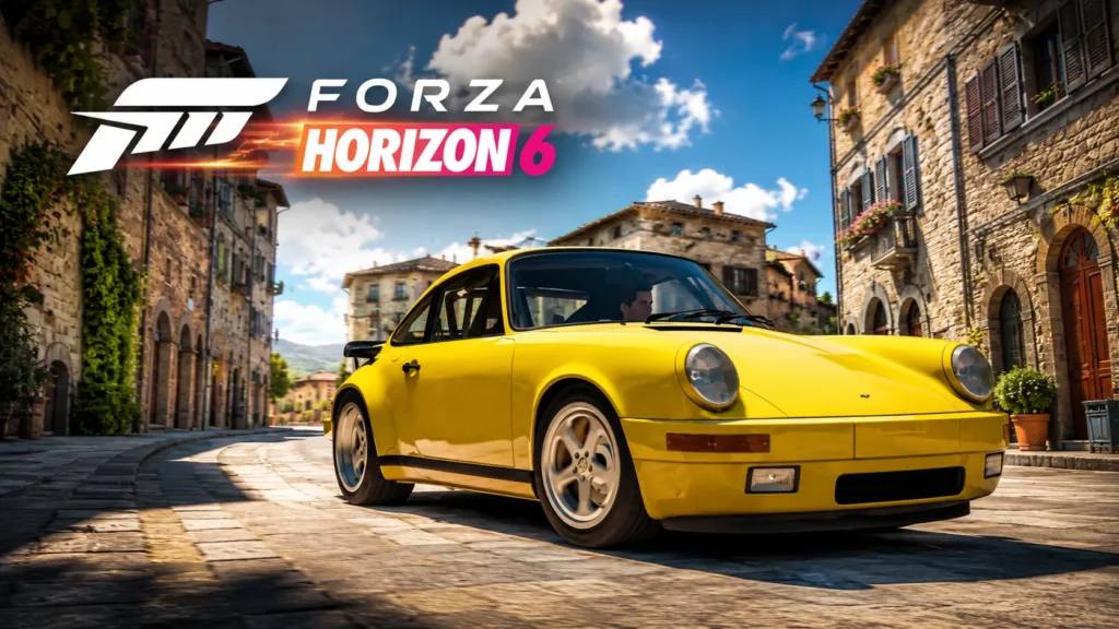 Yellow Porsche 911 driving through a European town in Forza Horizon 6 Series 2 Horizon Decades update.