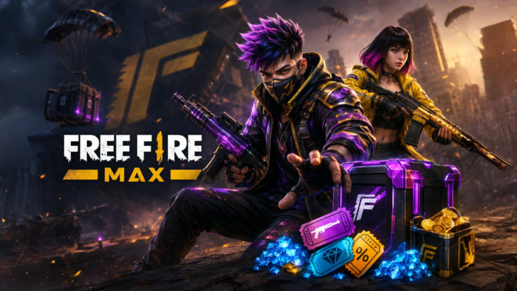 Free Fire MAX characters beside a glowing reward crate with diamonds, vouchers and in-game items.
