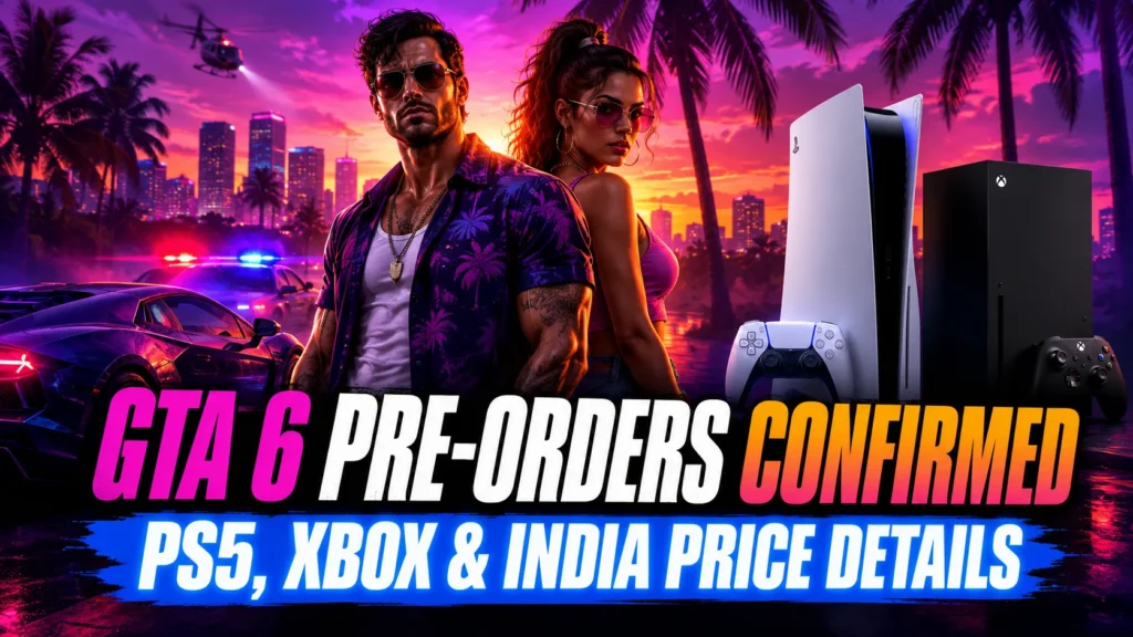 GTA 6 pre-orders confirmed with PS5 and Xbox Series X consoles against a Vice City-inspired gaming background