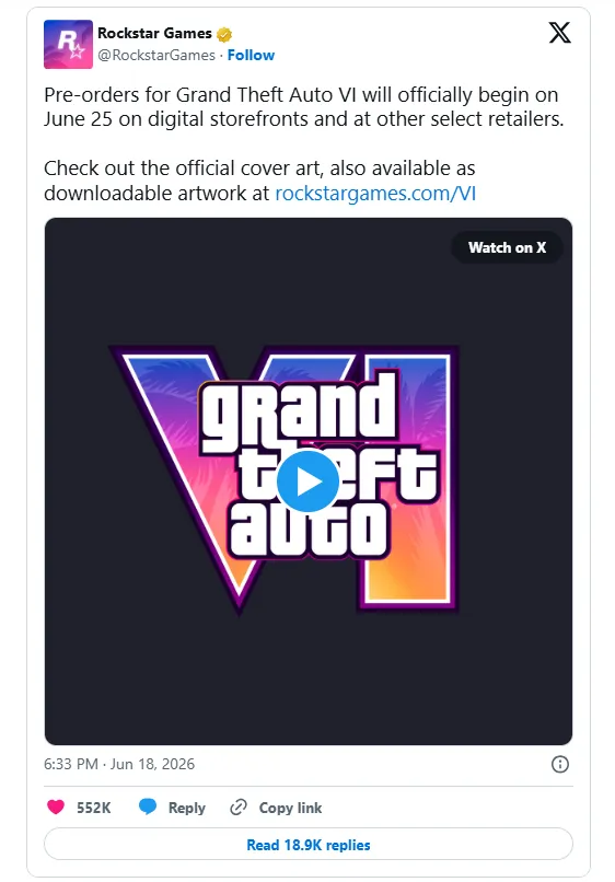 Rockstar Games confirms GTA 6 pre-orders begin on June 25, 2026
