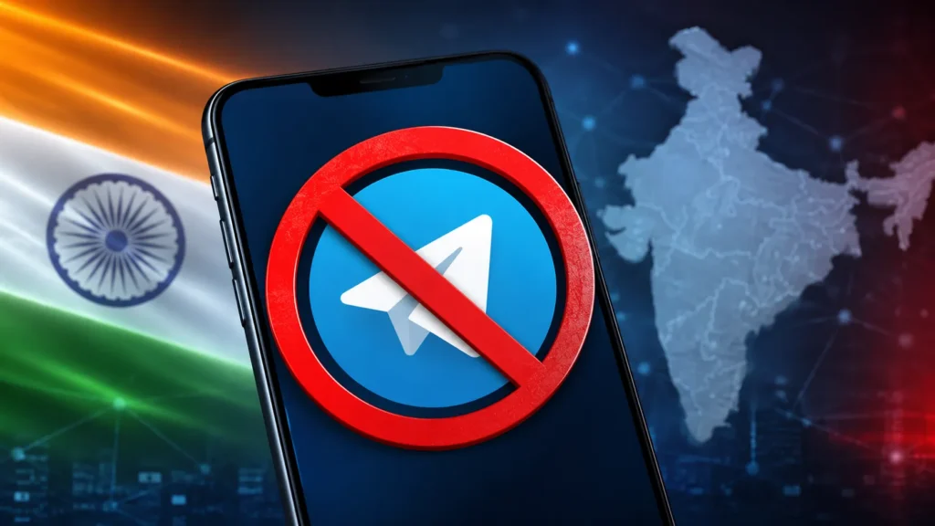 Telegram logo covered by a red ban symbol with the Indian flag and map of India in the background.