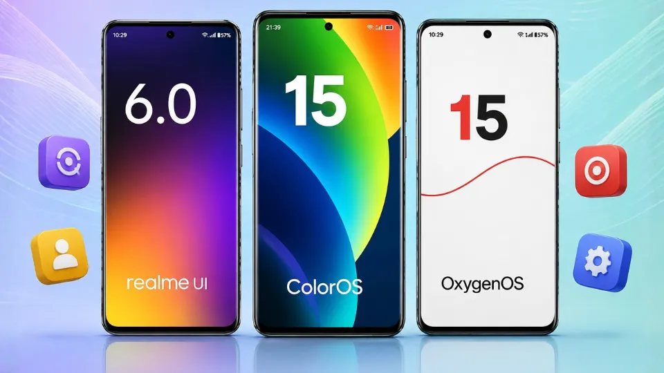 Three smartphones displaying Realme UI, ColorOS, and OxygenOS update screens, illustrating the reported software unification of OnePlus, Realme, and OPPO under ColorOS.